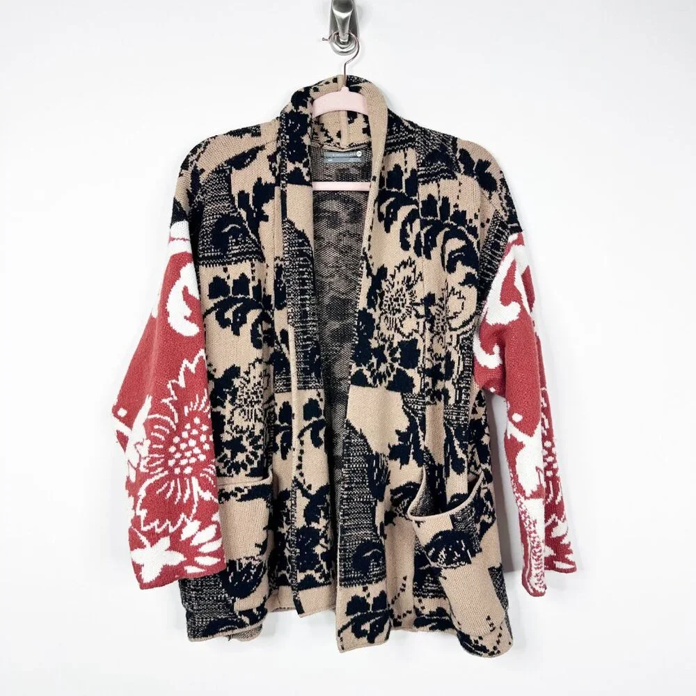 Anthropologie Lola Cocoon Cardigan Open Front Patchwork Tan Red XS/S #A1045
